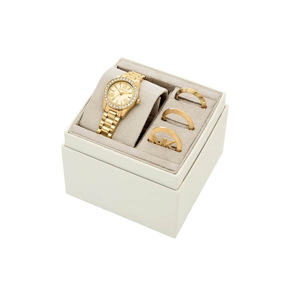 Michael Kors Lexington 26mm Gold Tone Dial Gold Tone Steel Bracelet Watch & Top Rings Set