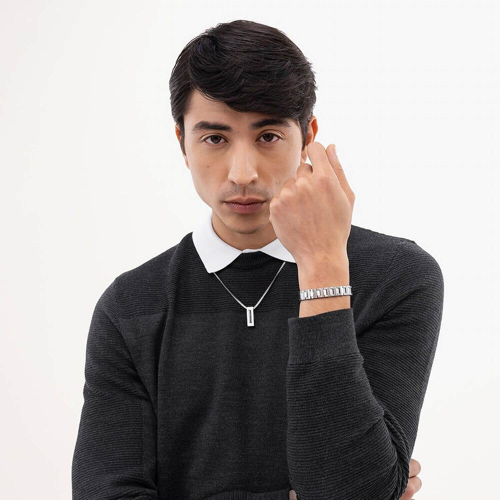BOSS Candor Silver Tone Link Logo Closure Steel Bracelet