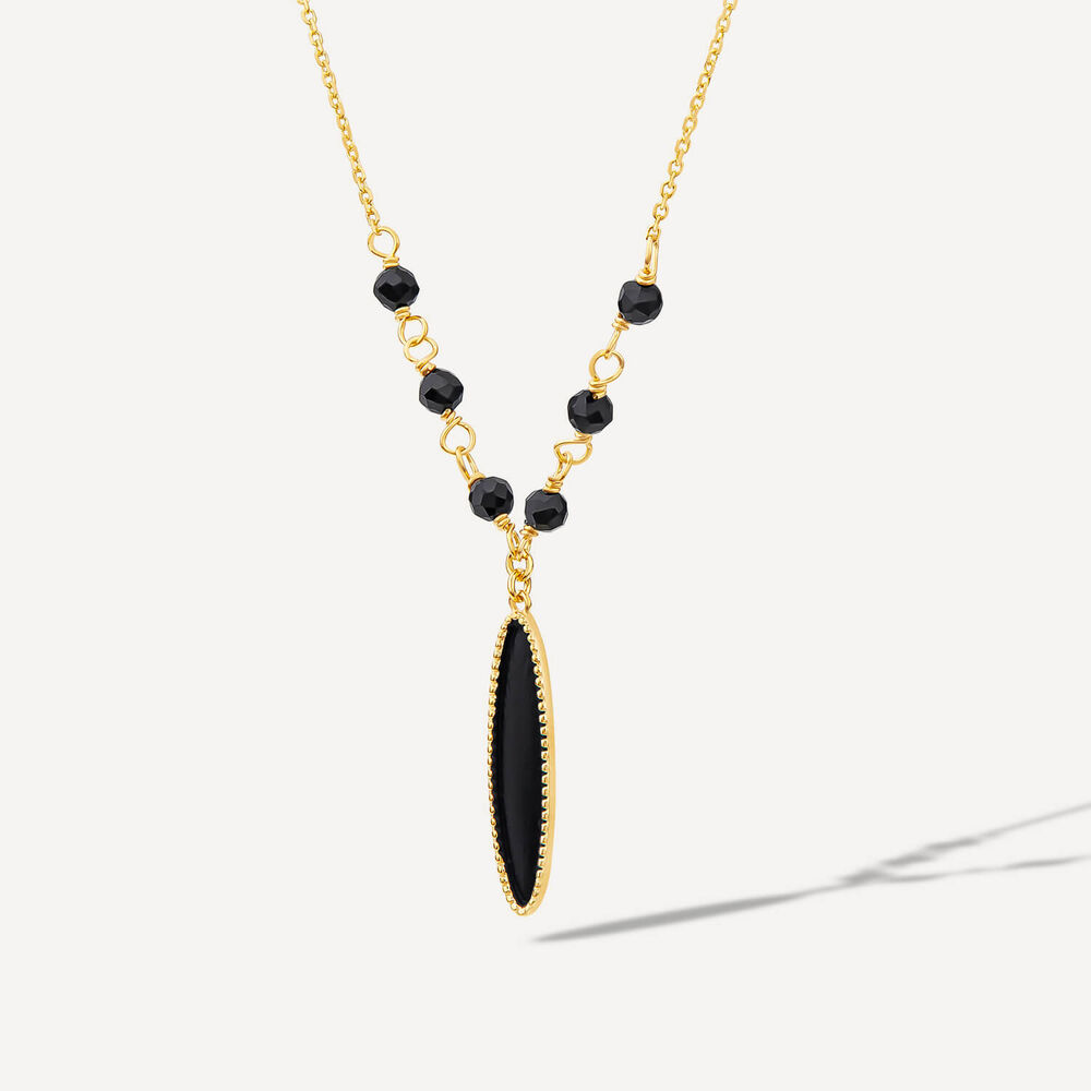 9ct Yellow Gold Black Enamel Beads & Oblong Drop Pendant Necklet image number 1