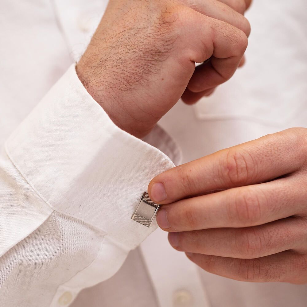 Silver Plated Mens Rectangular Plain and Lined Side Cufflinks image number 3