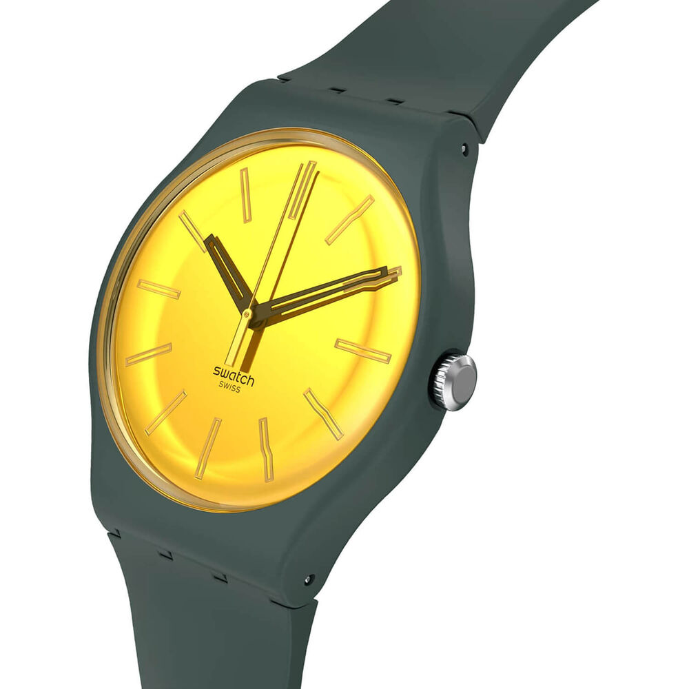 Swatch Gold in The Garden 41mm Yellow Dial Green Strap Watch