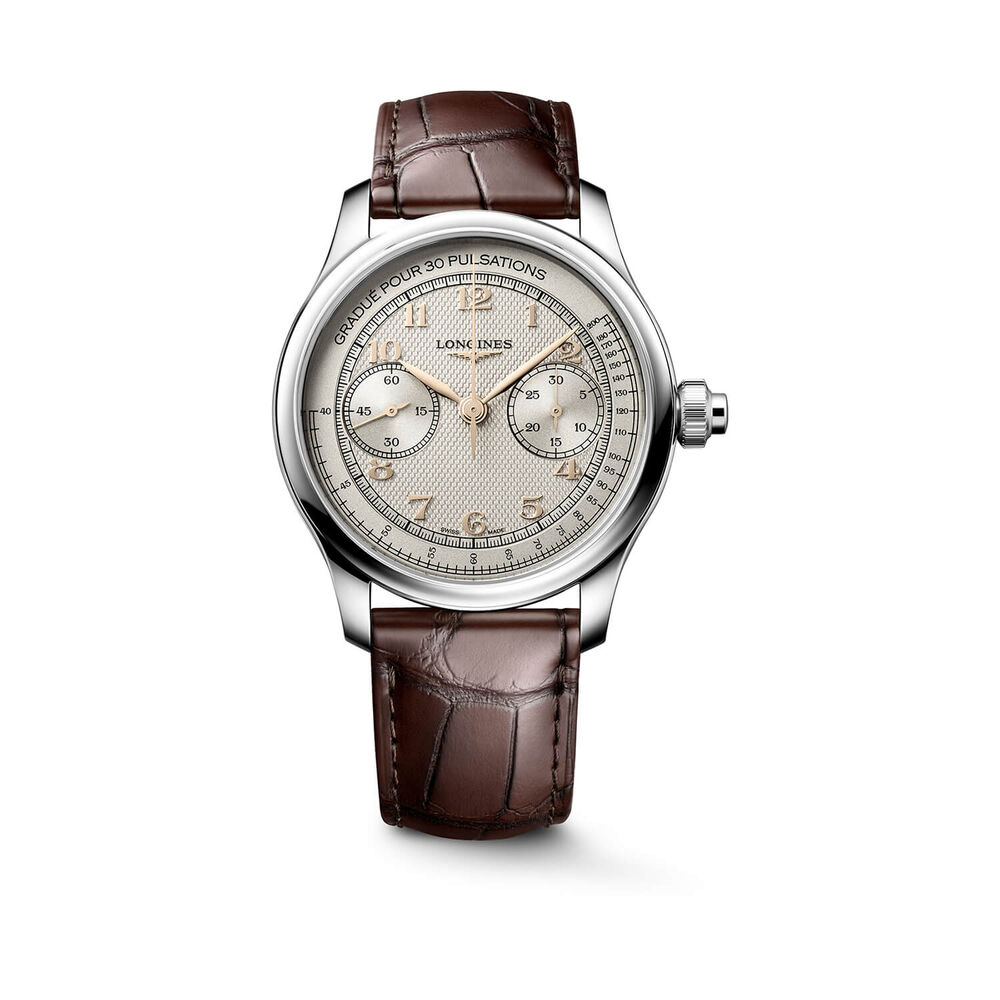 Longines Master Collection Chrono Monopusher 41mm Silver Barleycorn Dial Leather Strap Watch