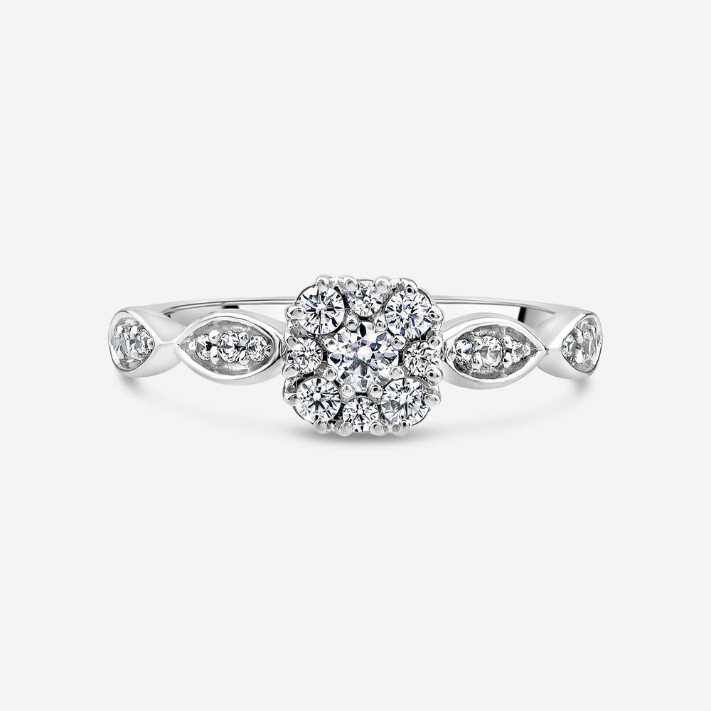 9ct White Gold 0.33ct Diamond Cushion Cluster Shoulders Ring image number 1