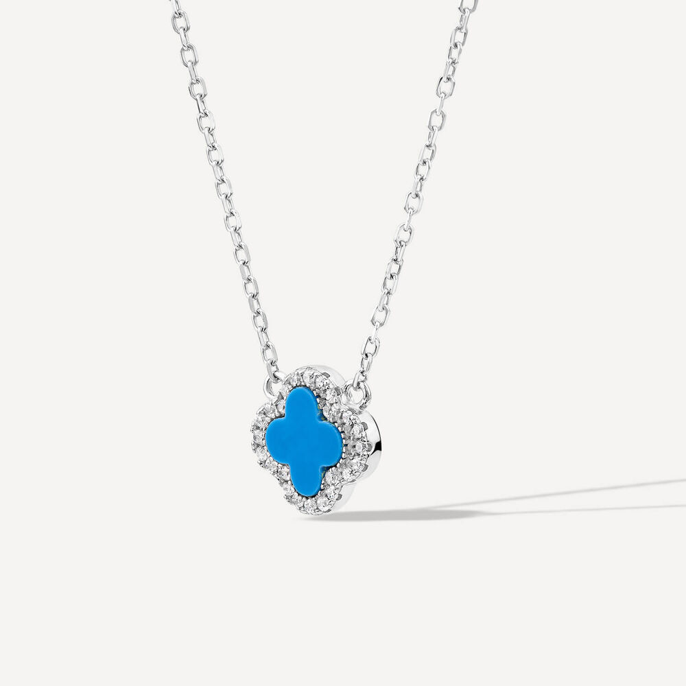Sterling Silver Turqoise Centre Cubic Zirconia Set Clover Petal Necklet image number 1