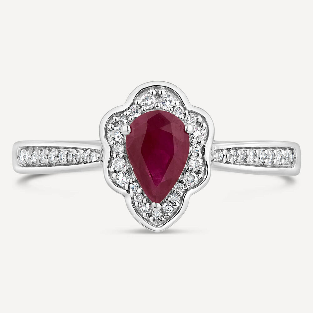 9ct White Gold Pear Ruby Fancy Diamond Halo Diamond Shoulders 0.09ct Ring