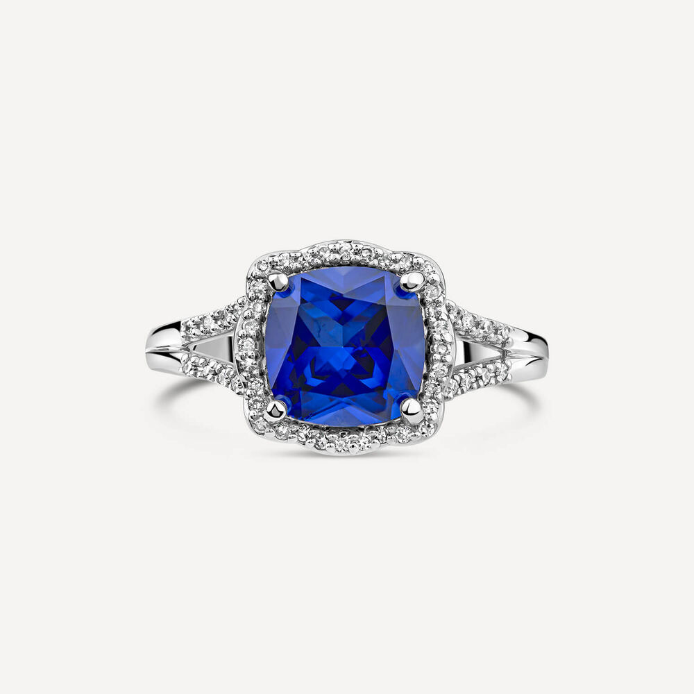 9ct White Gold 0.15ct Diamond and Created Sapphire Halo Ring