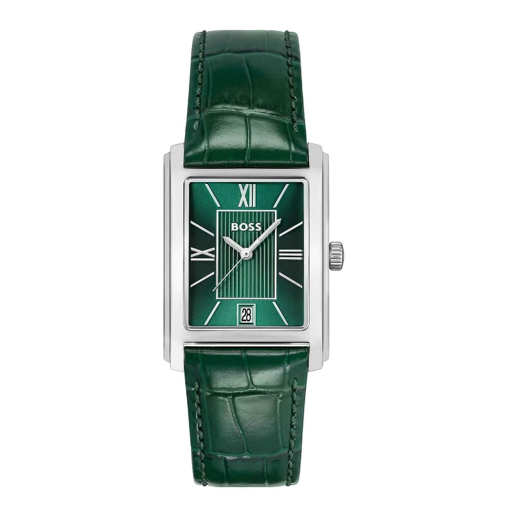 BOSS Principle Dress 28mm Rectangular Green Dial Green Leather Strap Watch image number 0