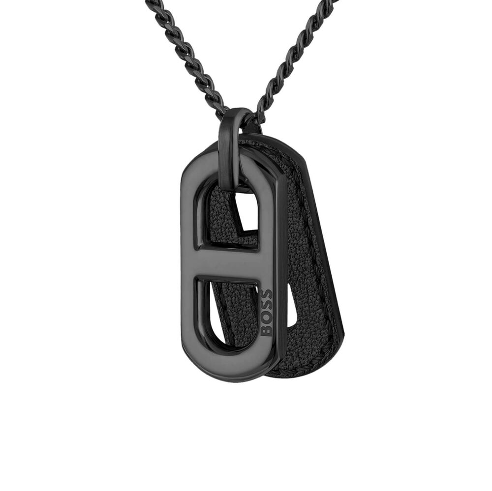 BOSS Kode Black Plated Stainless Steel & Leather Tag Pendant Necklace