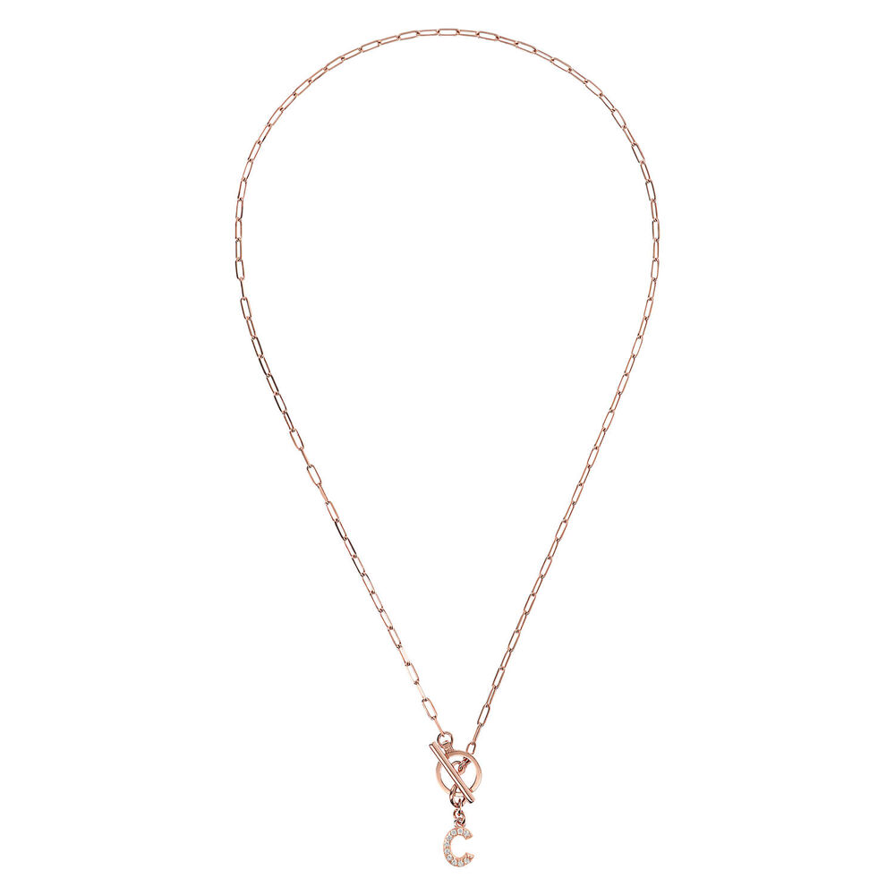 Bronzallure Mini Paper Link With Latter C Pave And T-Bar Necklace