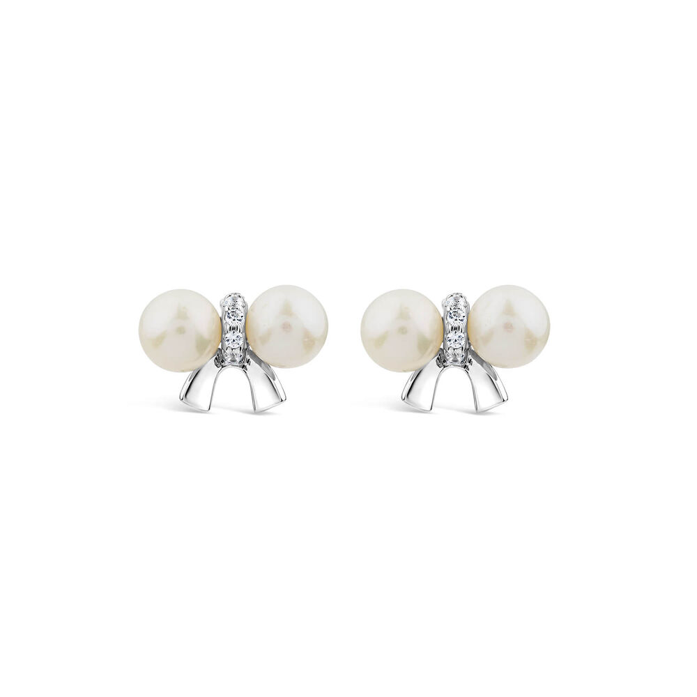 Sterling Silver Freshwater Pearl & Cubic Zirconia Bow Earrings image number 0