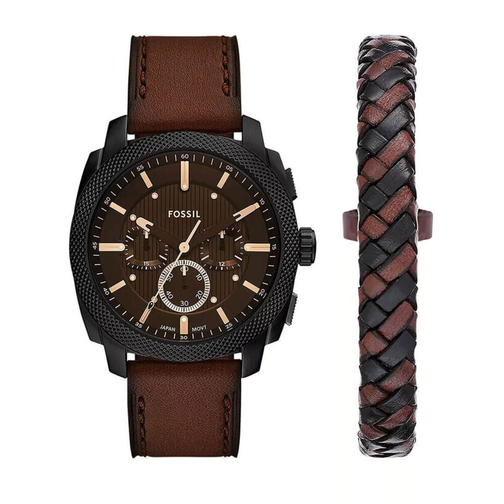 Fossil Machine Chronograph 44mm Black Dial Brown Leather Strap Watch & Braided Bracelet Set image number 0