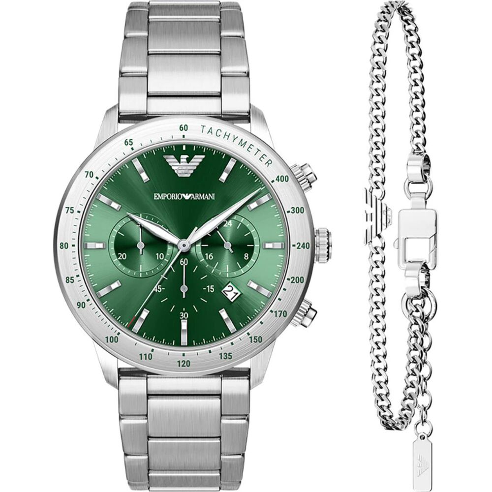 Emporio Armani 43mm Green Dial Stainless Steel Chronograph Watch & Bracelet Set
