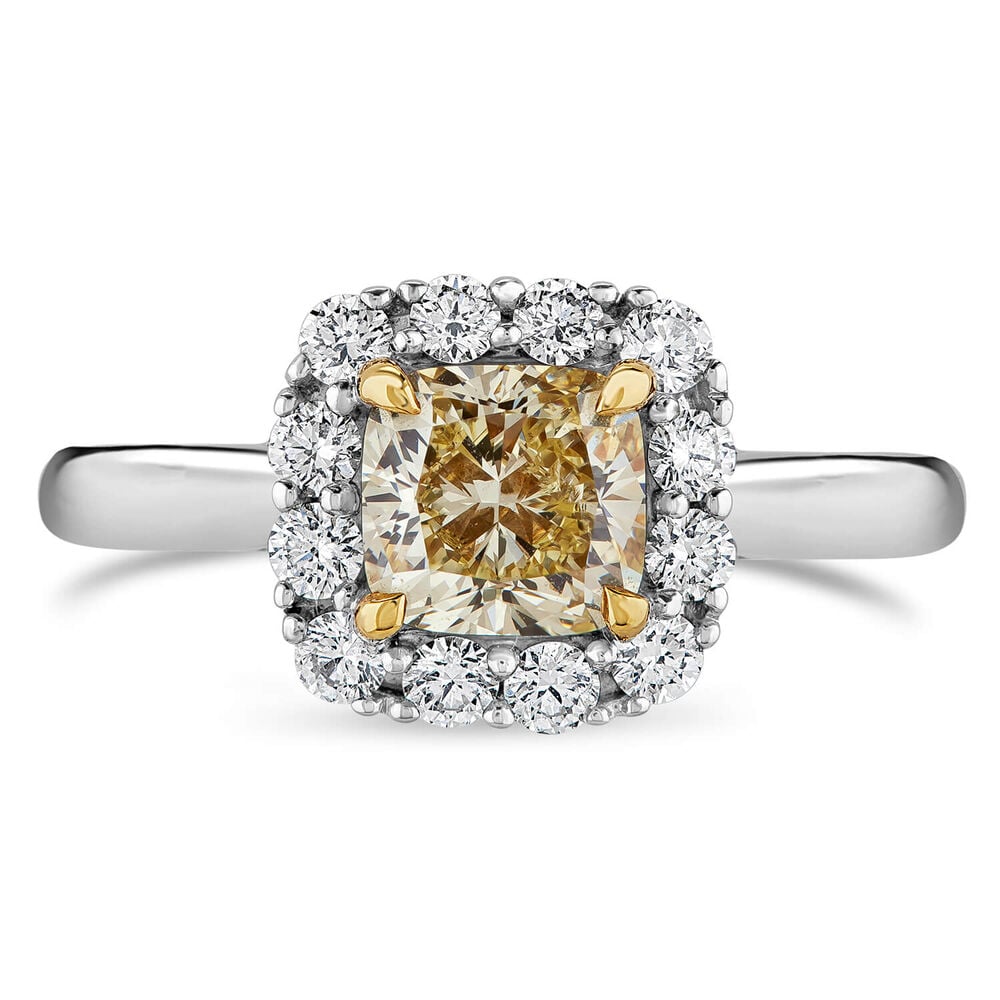 Northern Star 1.34ct Yellow Cushion Diamond 18ct White Gold Halo Ring image number 1