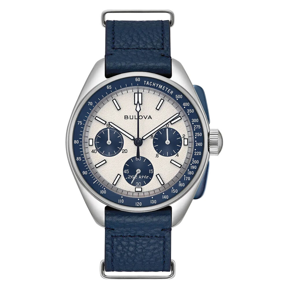 Bulova Heritage Lunar Pilot 43.5mm Chronograph White & Blue Dial Bracelet Watch image number 2