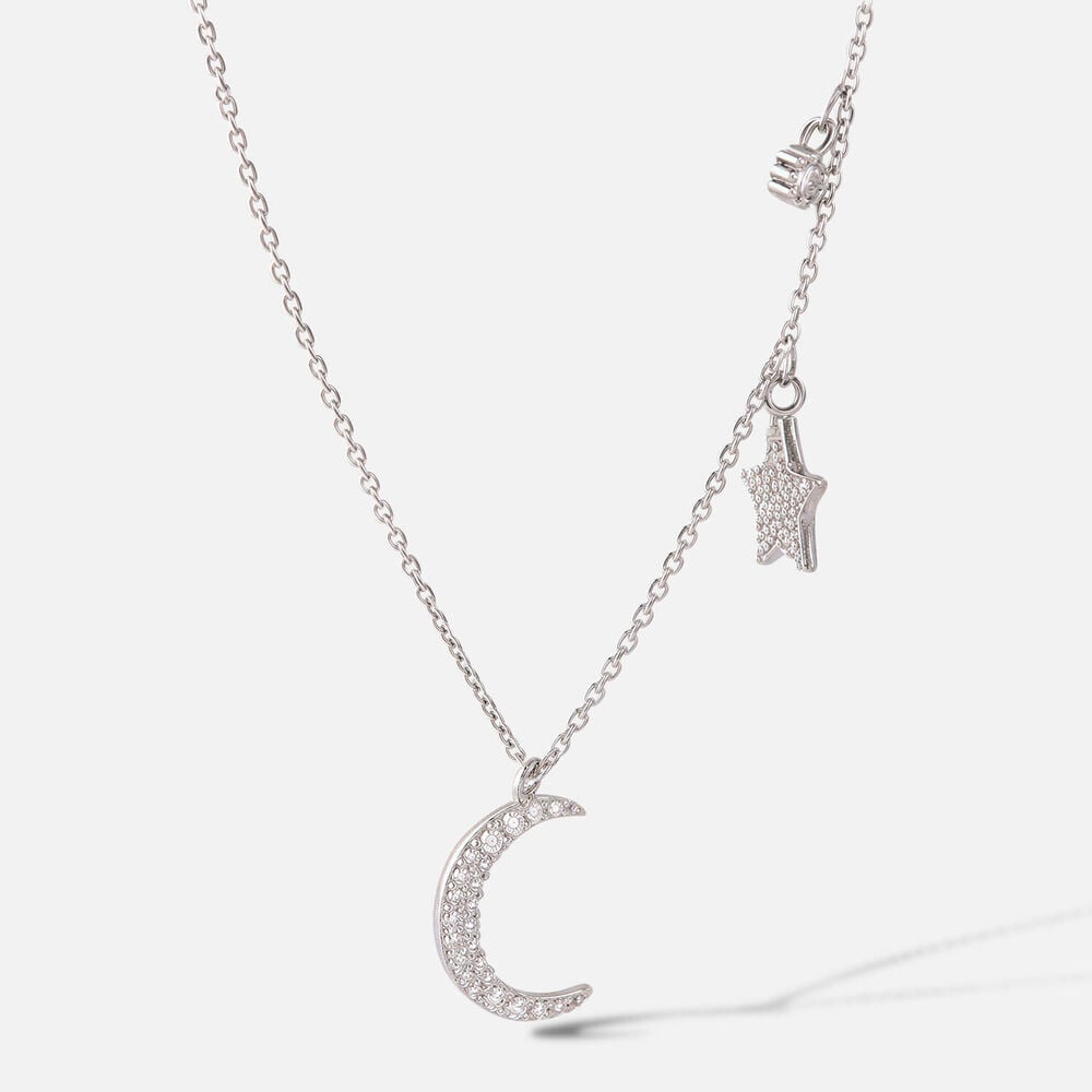 Sterling Silver Cubic Zirconia Set Moon & Star Charm Necklet