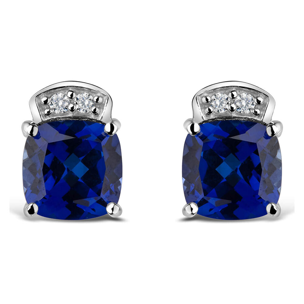 9ct White Gold Cushion Cut Sapphire & Cubic Zirconia Stud Earrings