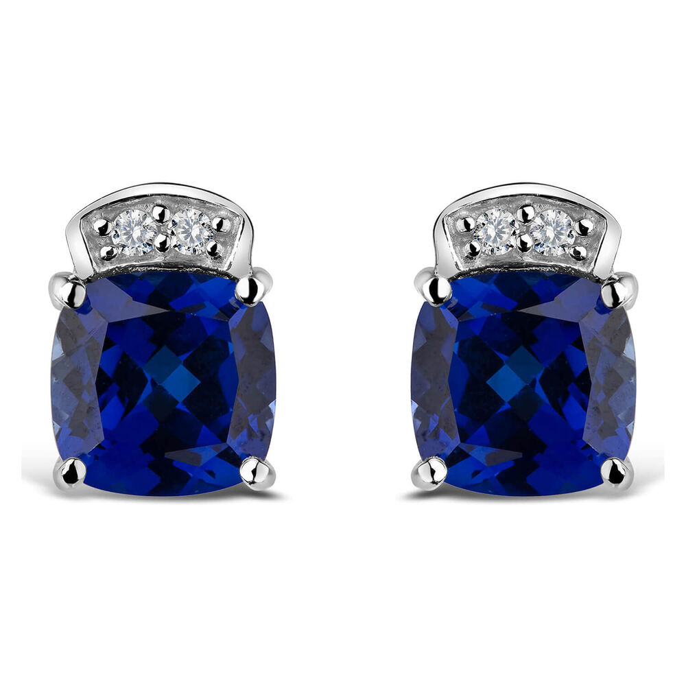 9ct White Gold Cushion Cut Sapphire & Cubic Zirconia Stud Earrings image number 0