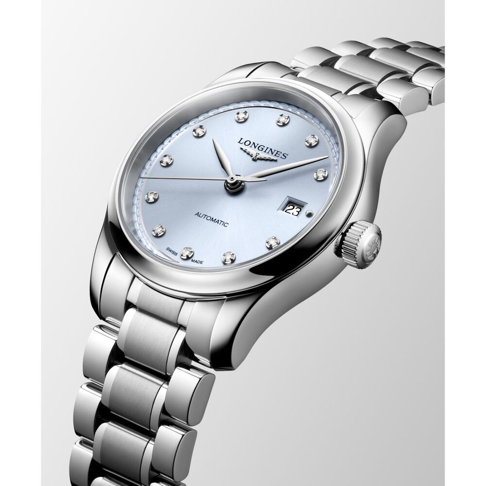 Longines Master Collection 30mm Frosted Blue Sunray Dial Diamond Dots Steel Bracelet Watch
