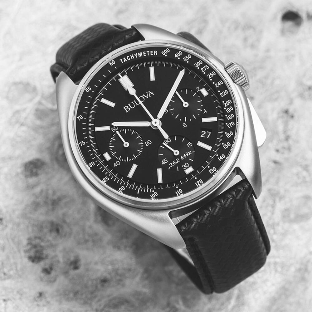 Bulova Special Edition Lunar Pilot Chronograph 45mm Black Dial Leather Strap Watch image number 4
