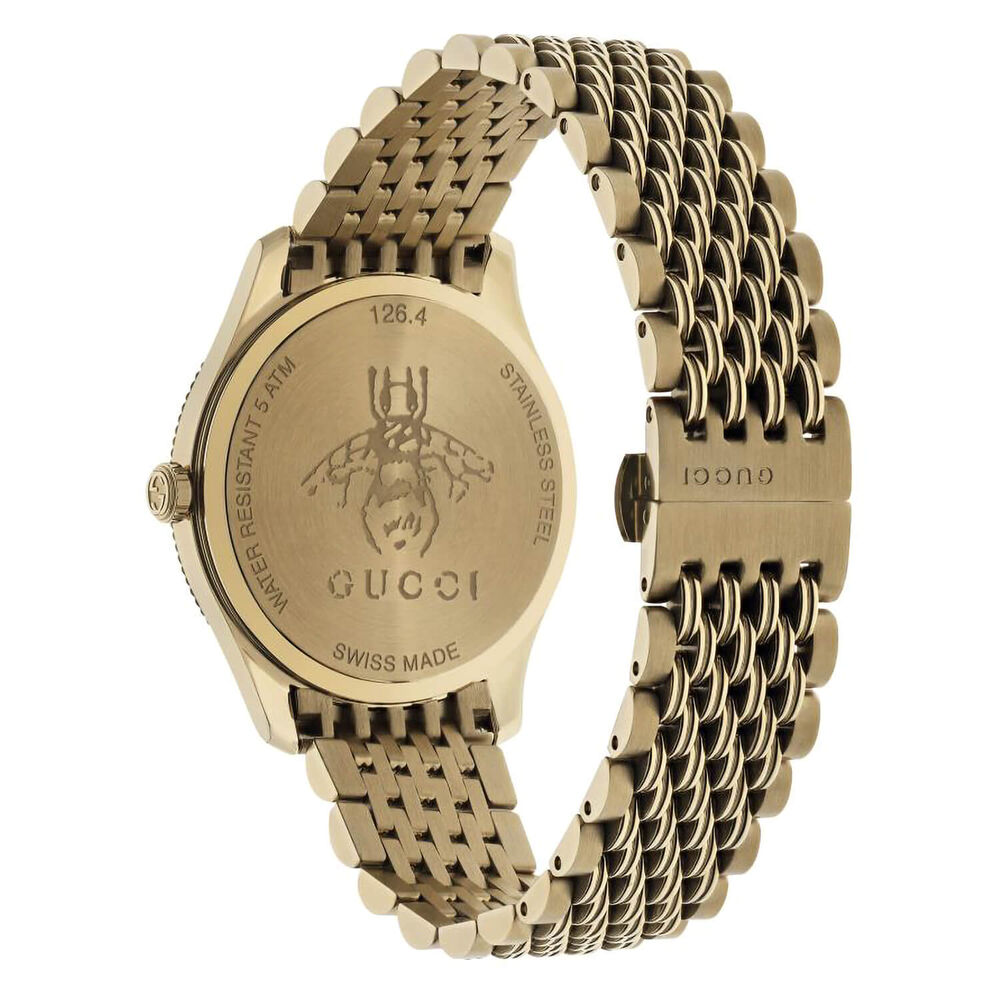 Gucci G-Timeless 36mm Silver Dial Bee Detail Yellow Gold PVD Case Bracelet Watch