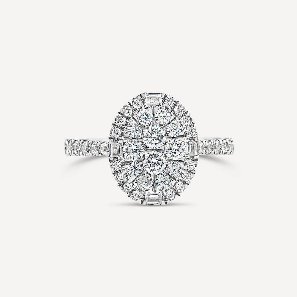 Platinum 1ct Oval Cluster Diamond & Shoulders Engagement Ring image number 1