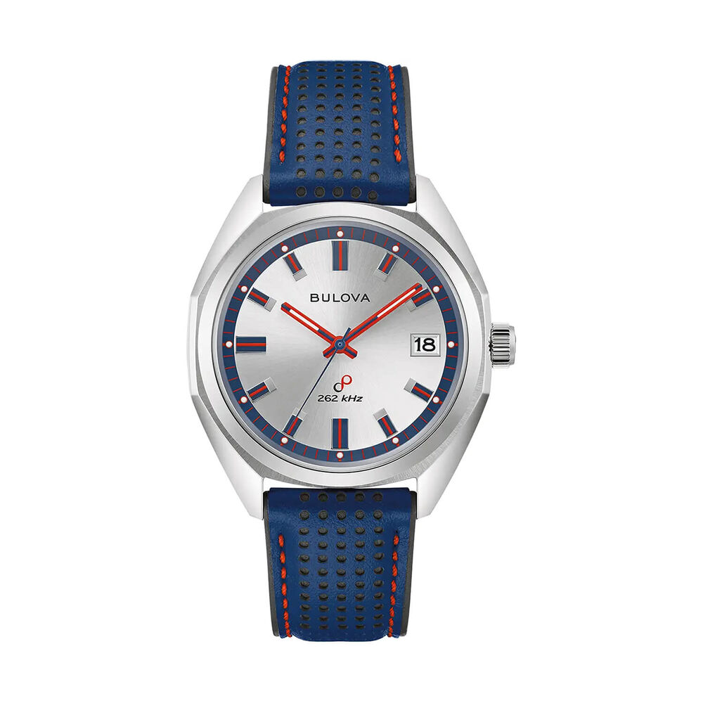 Bulova Jet Star Limited Edition 40mm Silver Dial Steel Bracelet & Blue Leather Strap Watch image number 1