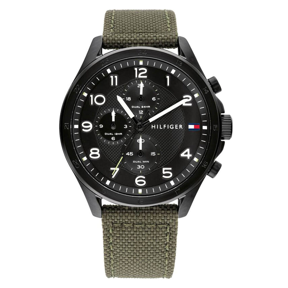 Tommy Hilfiger 44mm Black Dial Green Fabric Strap Watch