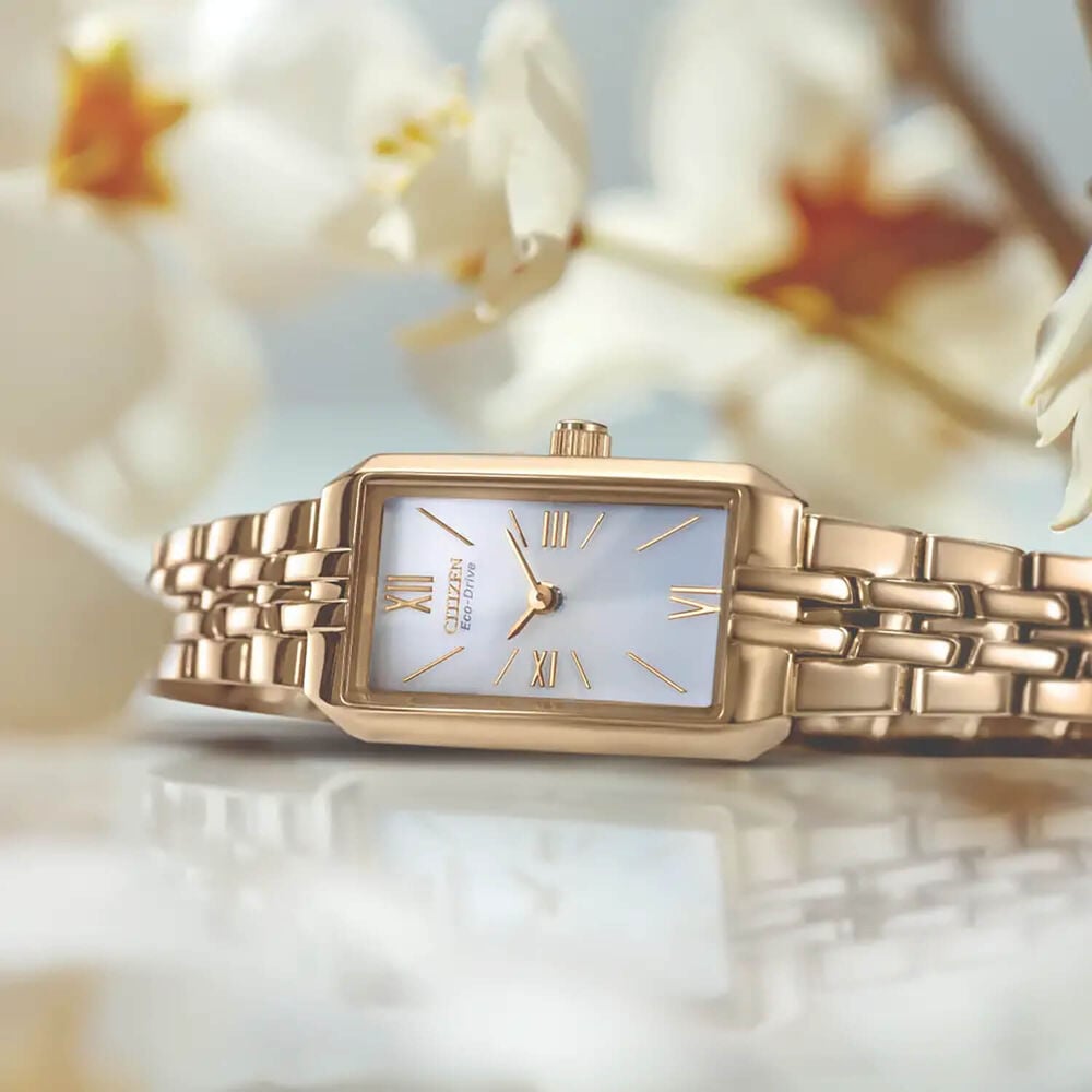 Citizen Silhouette 26mm Rectangular Mother of Pearl Dial Gold Tone Steel Bracelet Watch image number 3