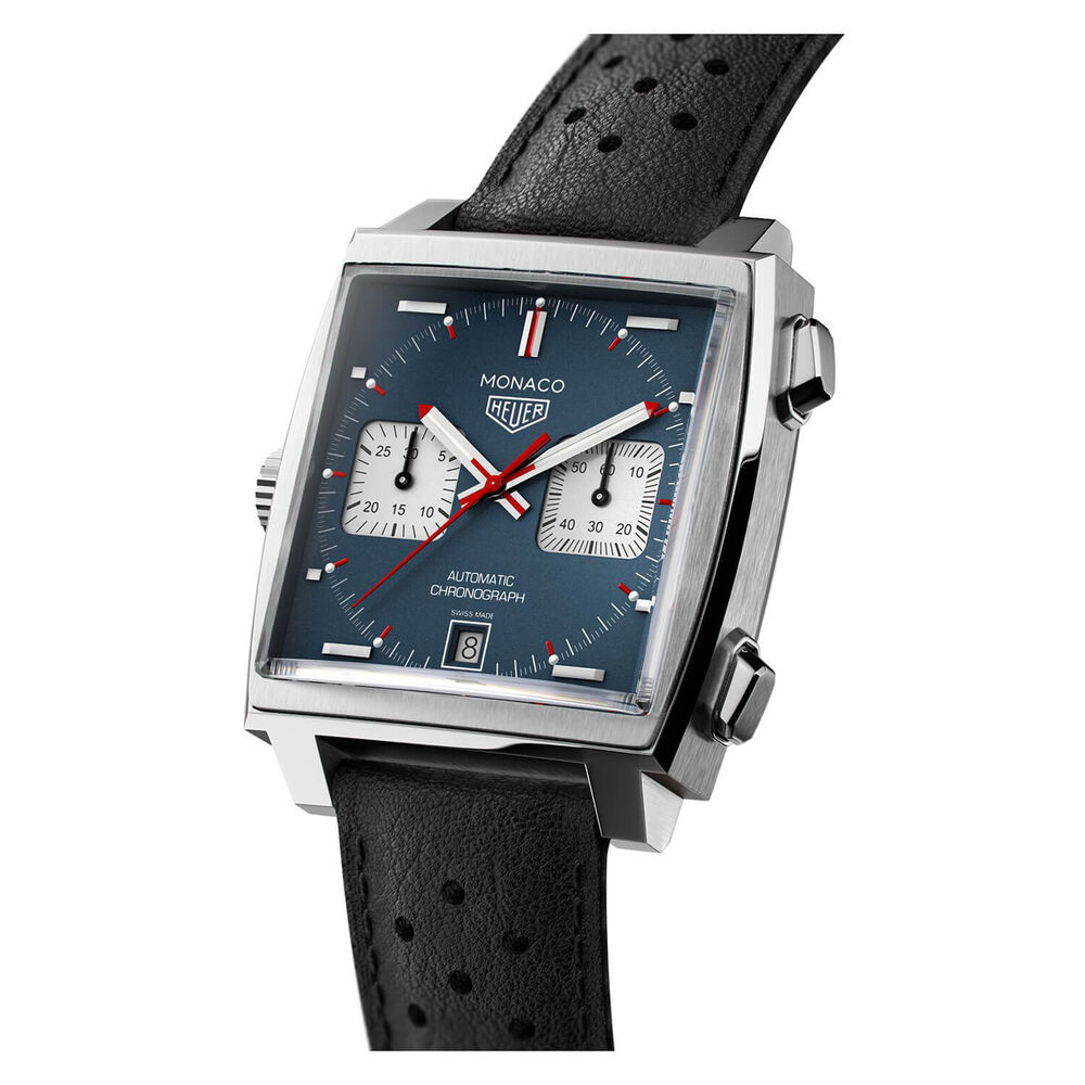 TAG Heuer Monaco Chronograph 39mm Blue Dial Black Leather Strap Watch image number 2