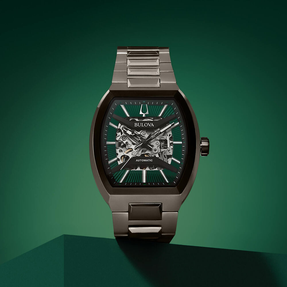 Bulova Maquina Skeleton 40mm Green Dial Ion Plated Steel Bracelet Watch image number 4