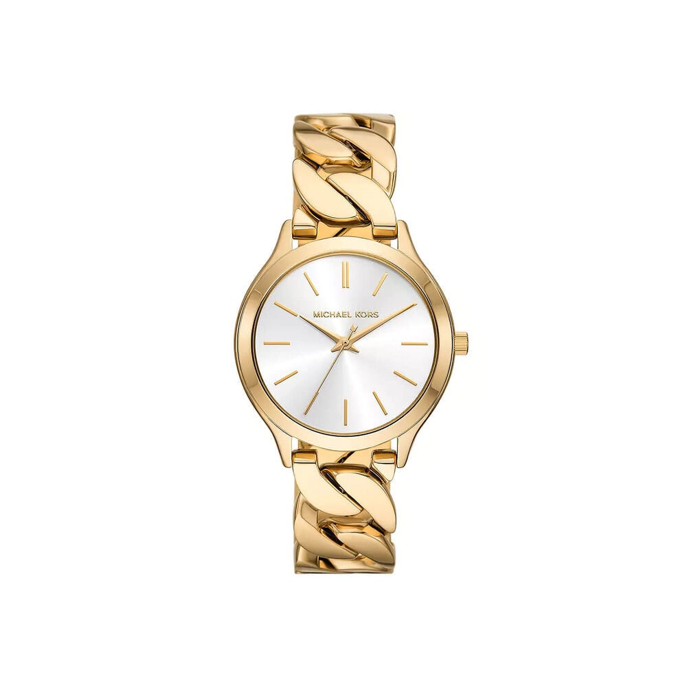 Michael Kors Slim Runway 38mm White Dial Yellow Gold Toned Steel Bracelet Watch image number 0