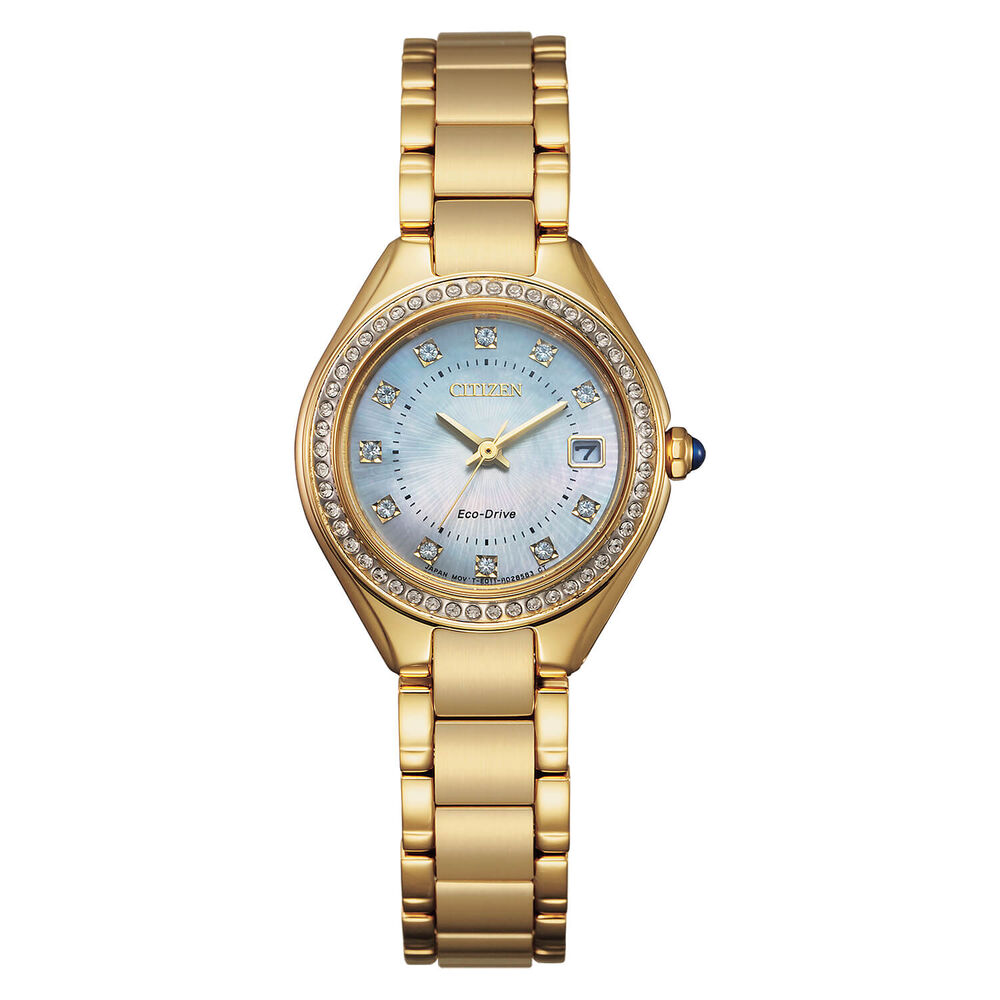 Citizen Eco Drive Gold Plated Bracelet MOP Dial Silhouette Set Dial & Bezel Date Feature Watch image number 0