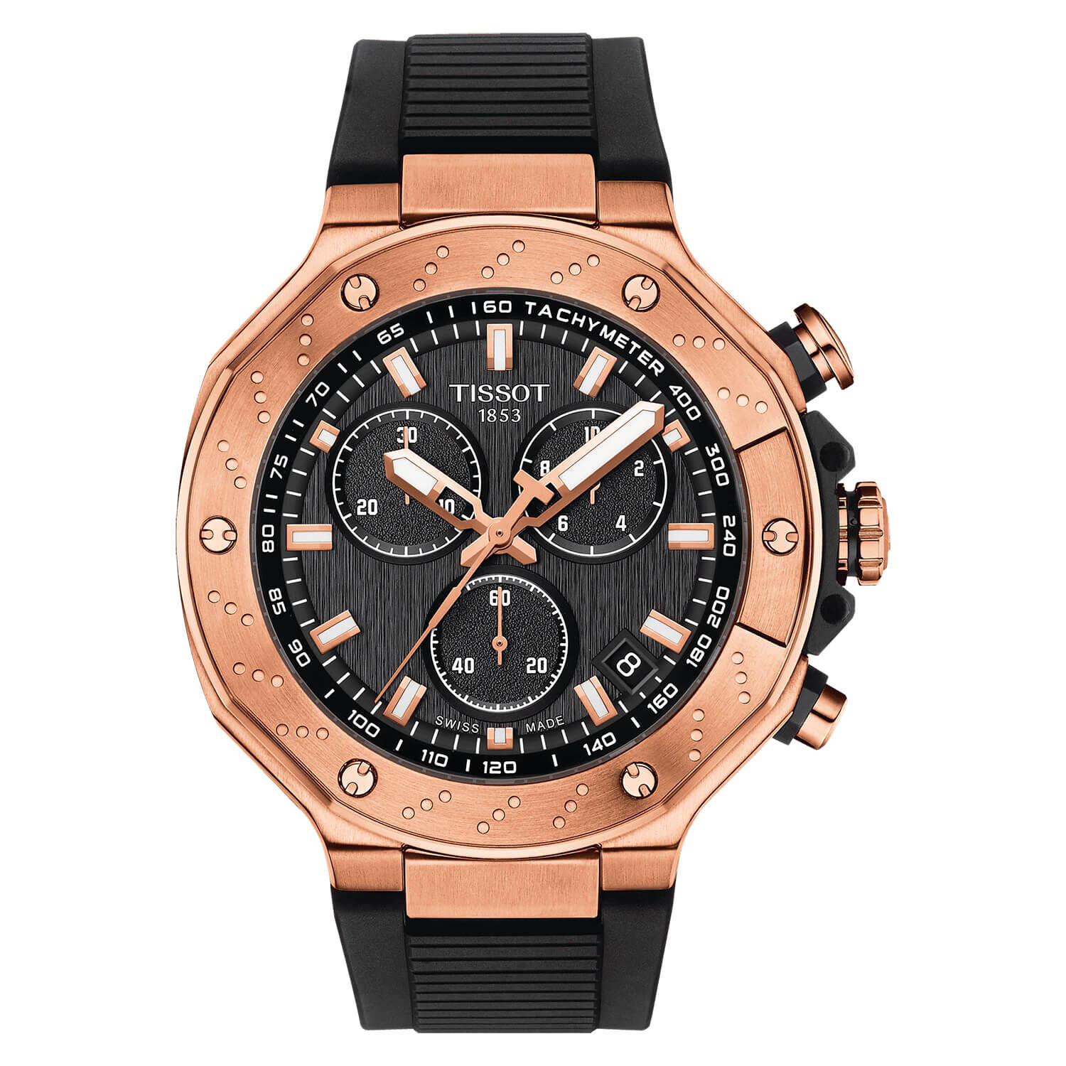 Tissot T Race 45mm Black Chrono Dial Rose Gold Case Black Strap Watch