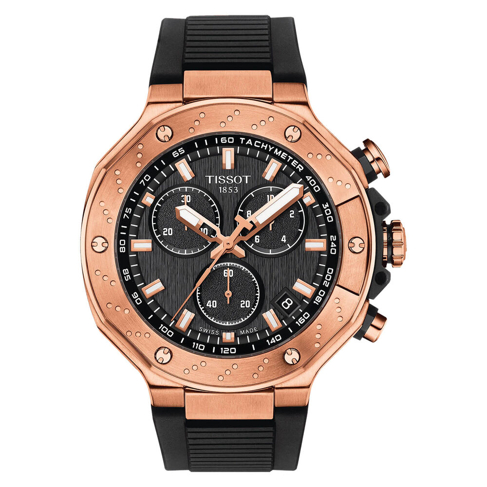 Tissot T-Race 45mm Black Chrono Dial Rose Gold Case Black Strap Watch