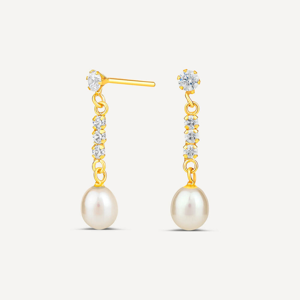 9ct Yellow Gold Pearl & Cubic Zirconia Drop Earrings