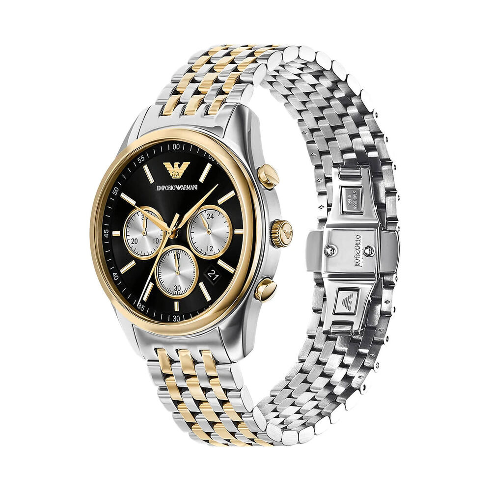 Emporio Armani 41mm Black Dial Two Tone Stainless Steel Bracelet Chronograph Watch image number 1