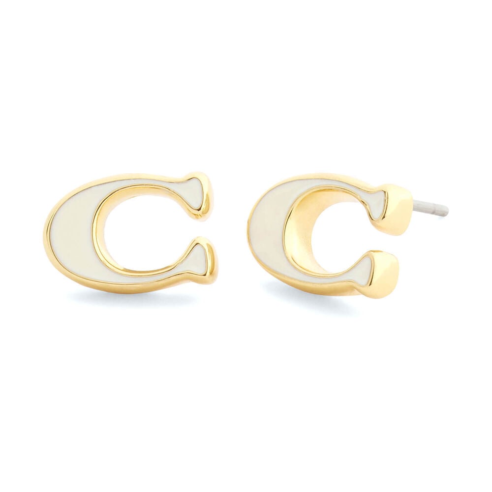 Coach Gold Tone Brass White Enamel C Stud Earrings