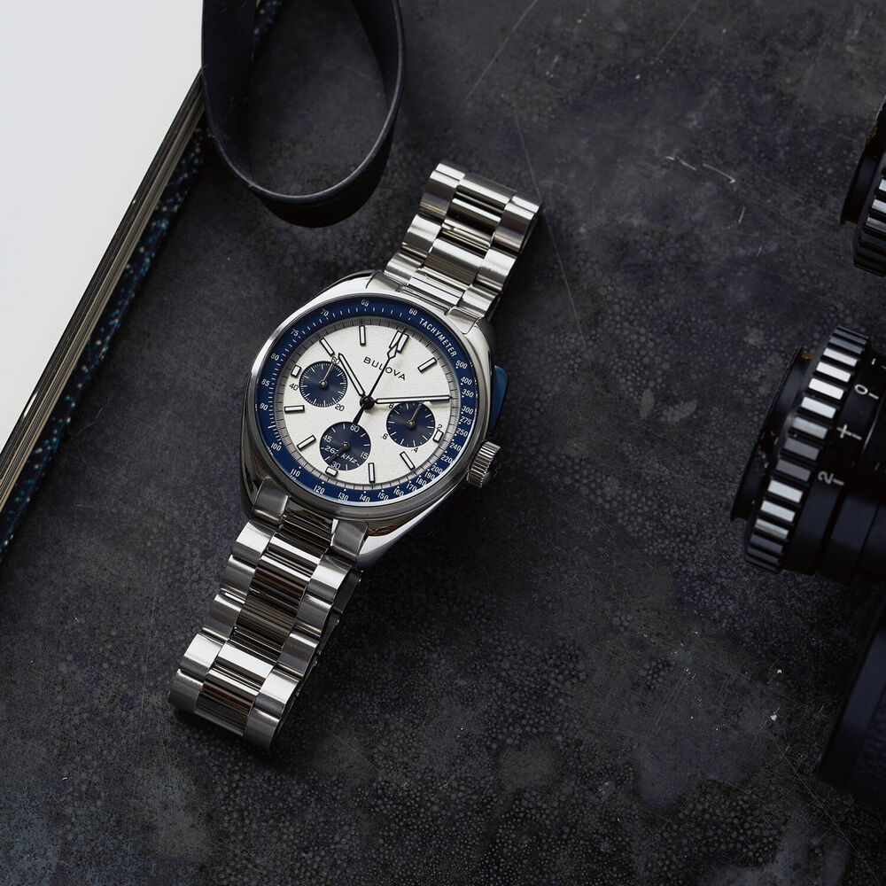 Bulova Lunar Pilot 43.5mm Blue & Silver Dial Steel Bracelet & Blue Leather Strap Set Watch image number 7