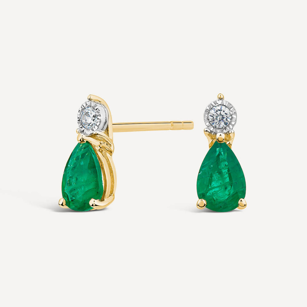 9ct Yellow Gold Pear Emerald & Diamond Top Drop Earrings