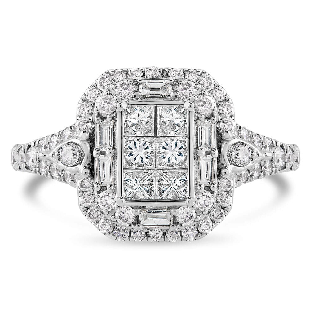 18ct White Gold Rectangular Princess & Baguette Halo Shoulders Ring