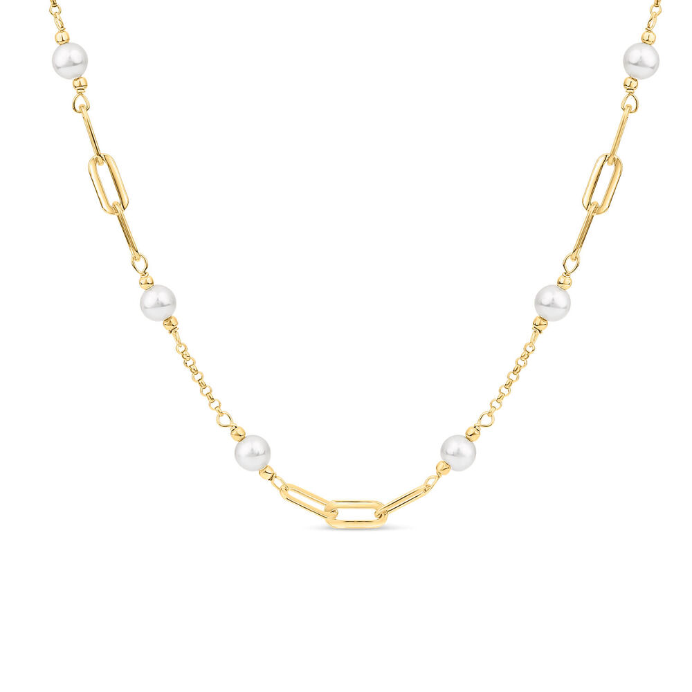 Yellow Gold Plated Sterling Silver Stationed Pearls Paperlink Necklet
