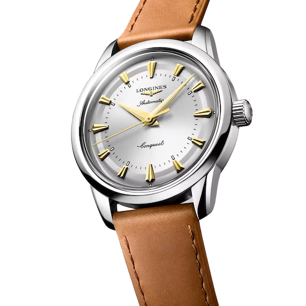Longines Conquest Heritage 38mm Silver Dial Brown Leather Strap Watch image number 2