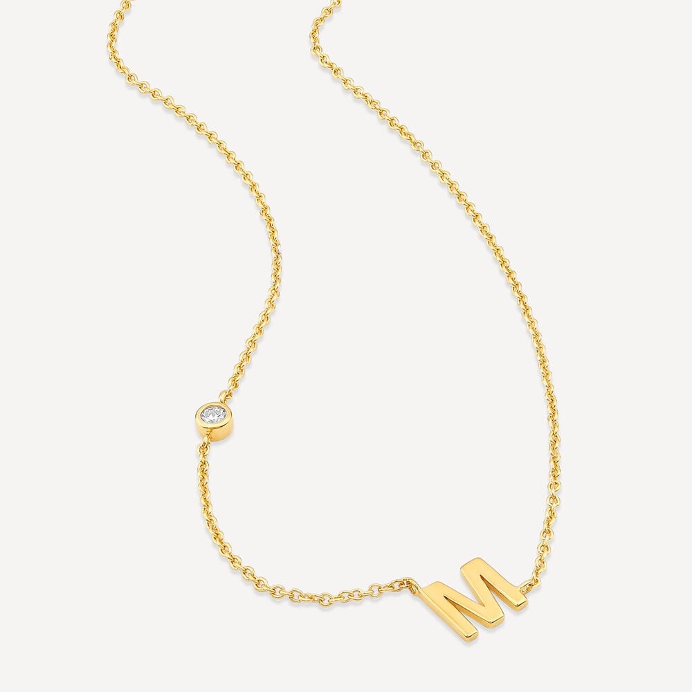 Sterling Silver Yellow Gold Plated 0.06ct Lab Grown Diamond Initial M Necklet