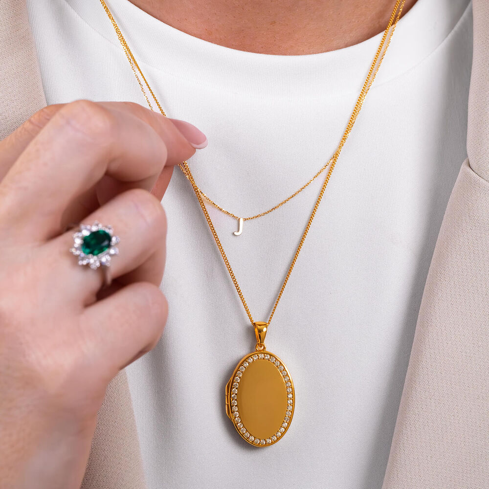 Yellow Gold Plated Sterling Silver Cubic Zirconia Surround Oval Locket Pendant