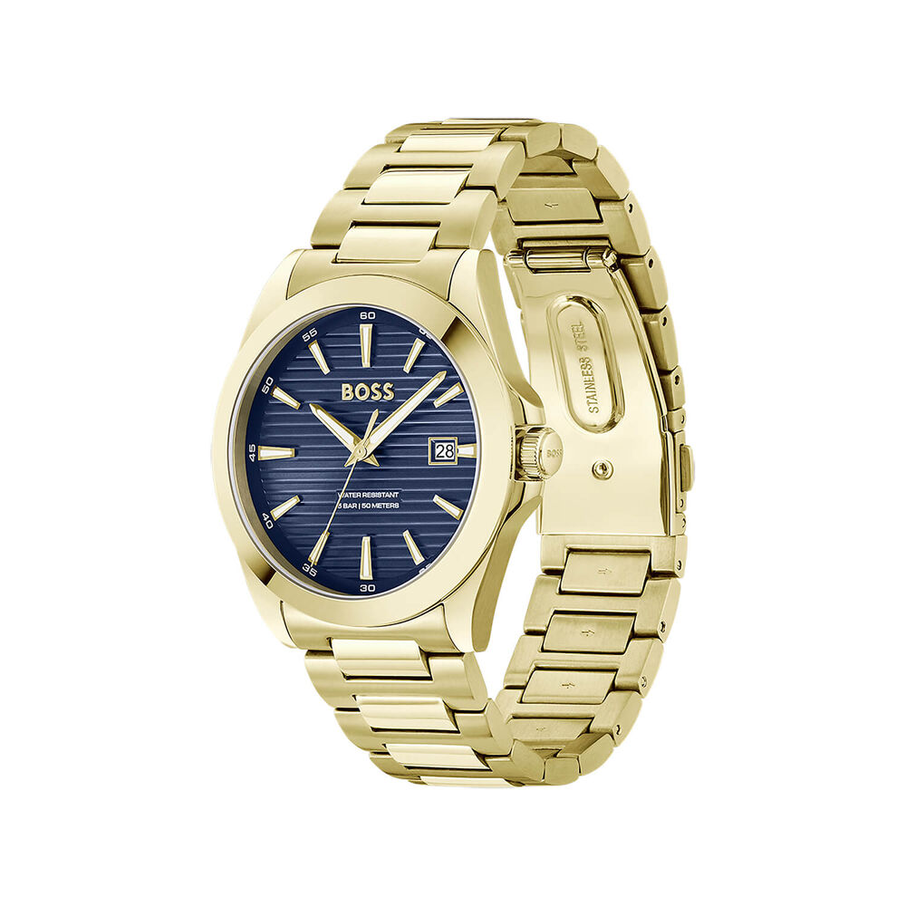 BOSS Strike 41mm Blue Textured Dial Gold Tone Steel Bracelet Watch image number 2