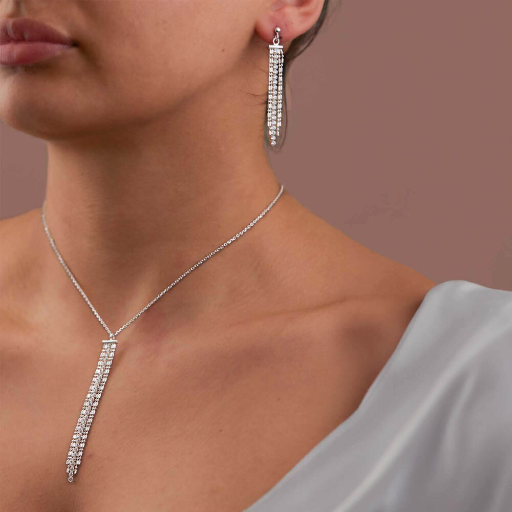 Sterling Silver & Cubic Zirconia Beads Fringe Drop Earrings image number 2