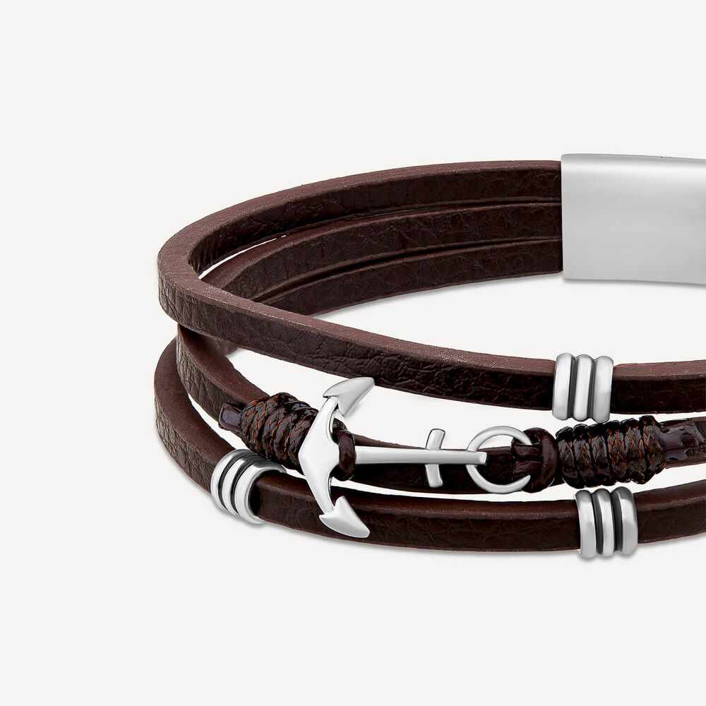 Men's Steel & Brown Leather Triple Wrap Anchor Bracelet image number 1