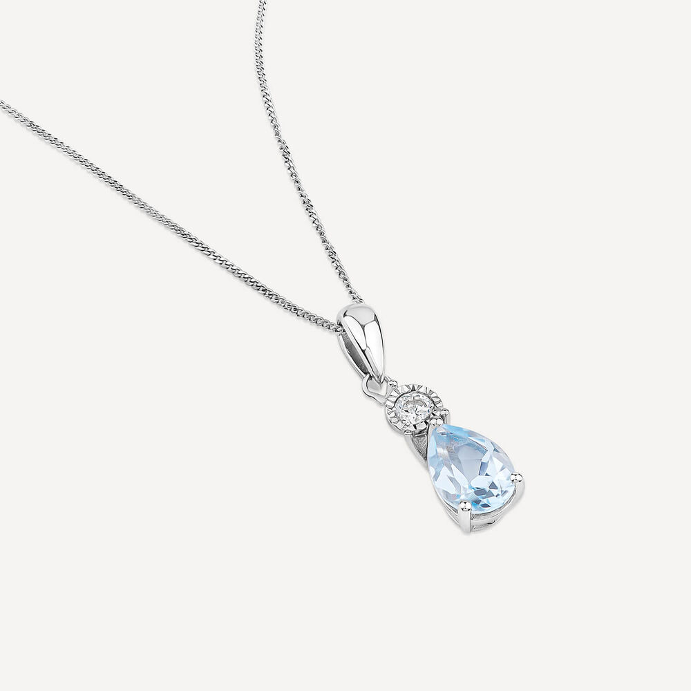 9ct White Gold Blue Topaz & Pear Diamond Pendant image number 3