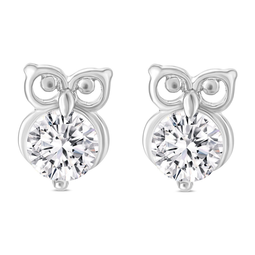 Little Treasure Sterling Silver Cubic Zirconia Owl Stud Earrings