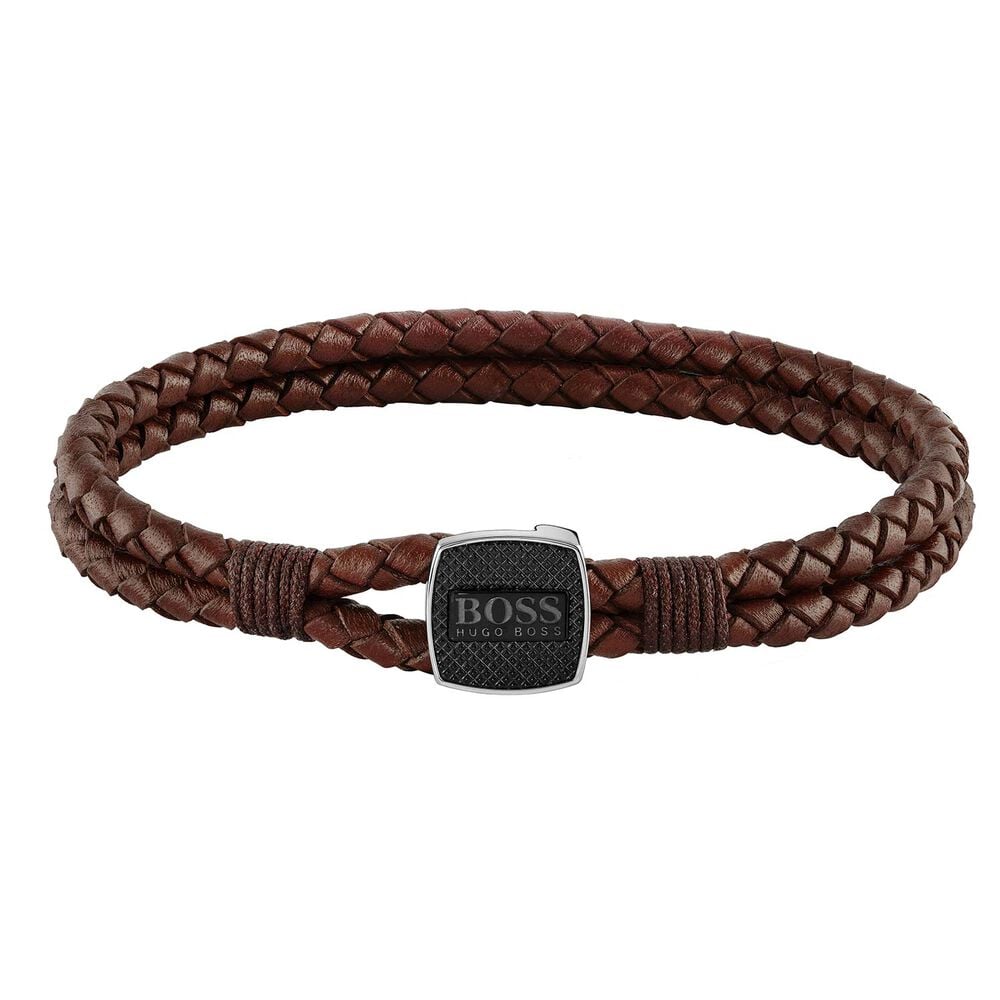 BOSS Double Rope Brown Leather Mens Bracelet